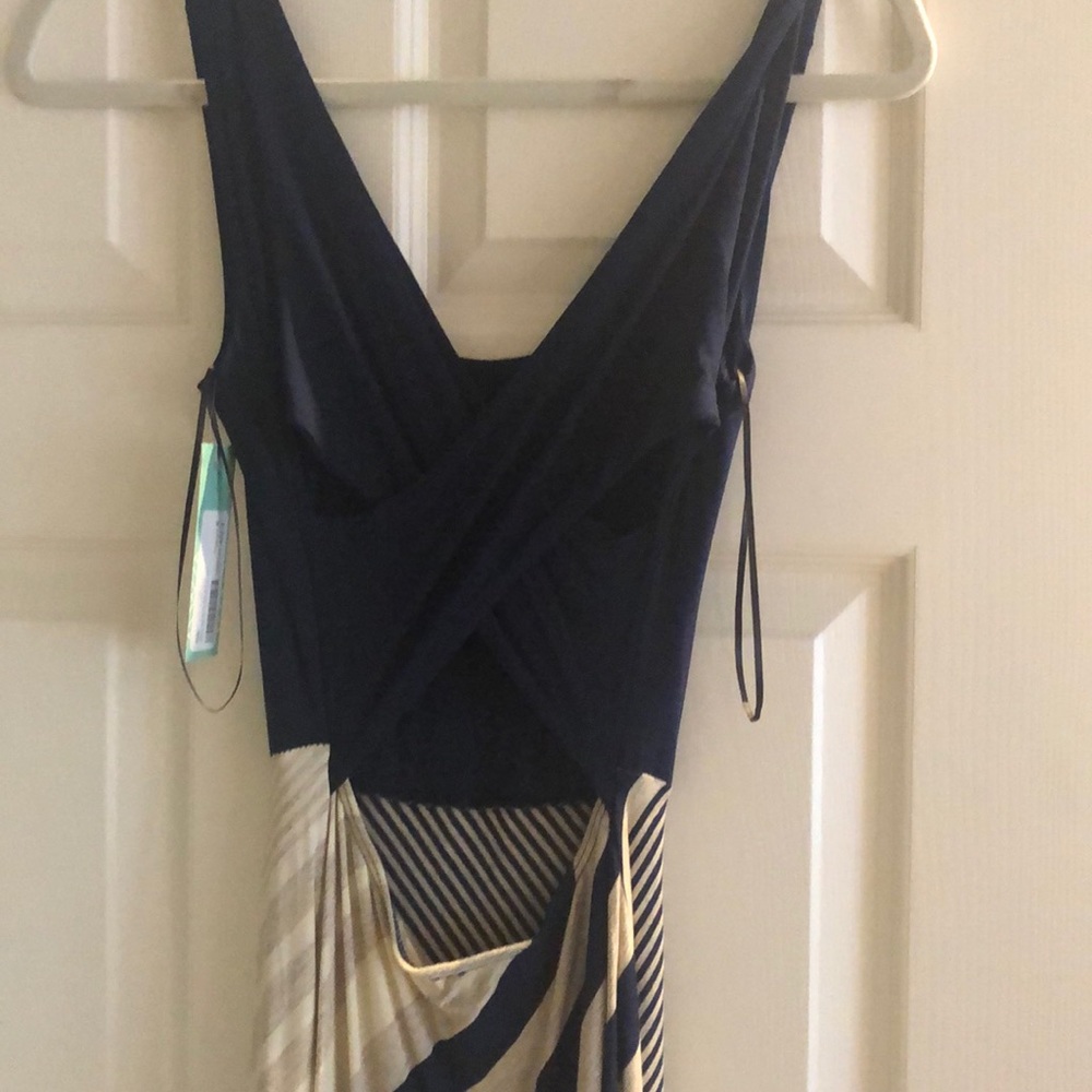 Navy and multi-colored maxi dress.